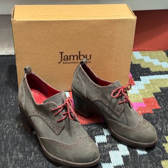 JAMBU Seattle Lace-Up Wing Tipped Heeled Oxford, Dark Charcoal/Red Accents, 9.5 - Picture 14 of 15